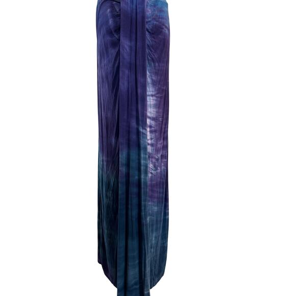 Size Large Urban X Maxi Dress Blue Purple Tie Dye Jersey Knit Ruched Front - Picture 3 of 11